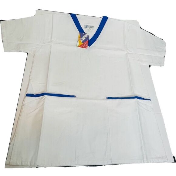 Spectrum Always Bright S/S V Neck Scrub Top XS White Blue Trim 2 Front Pockets - Picture 3 of 5